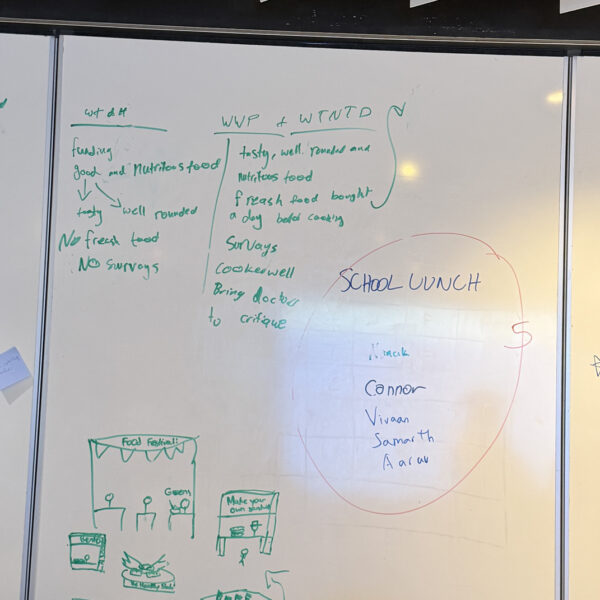 Whiteboard with school lunch brainstorming notes, including ideas for nutritious food and sketches of food festival stalls