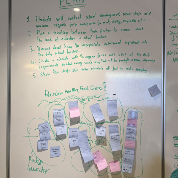 Whiteboard showing a 5-step plan to improve school lunch nutrition and a brainstorm of healthy food ideas on sticky notes