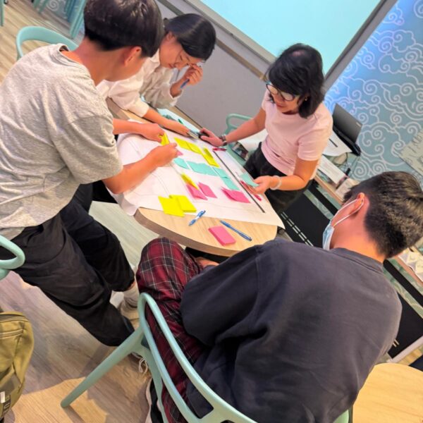 Four people collaborating on a design thinking exercise with sticky notes during an Youth Leadership and Communication workshop